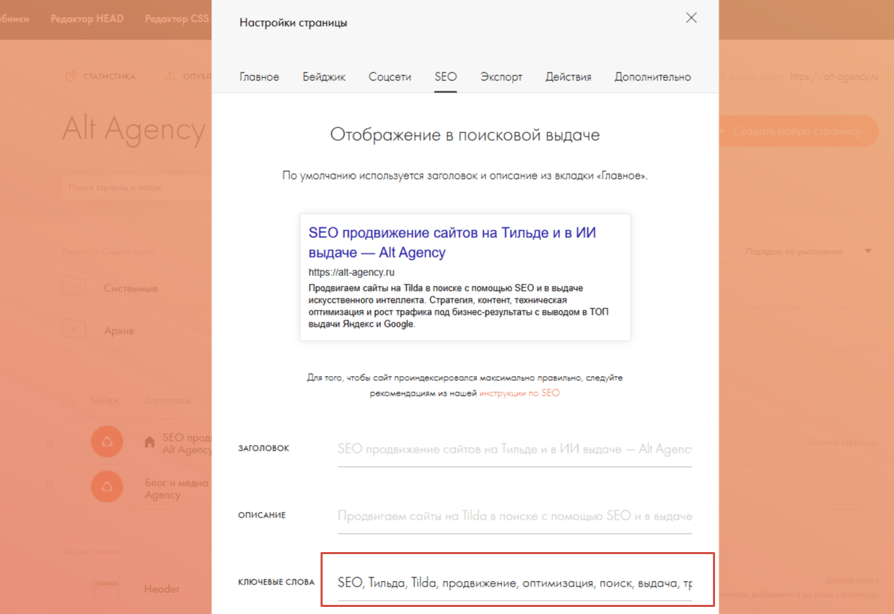 Указываем ключевые слова для SEO выдачи сайт на Тильде