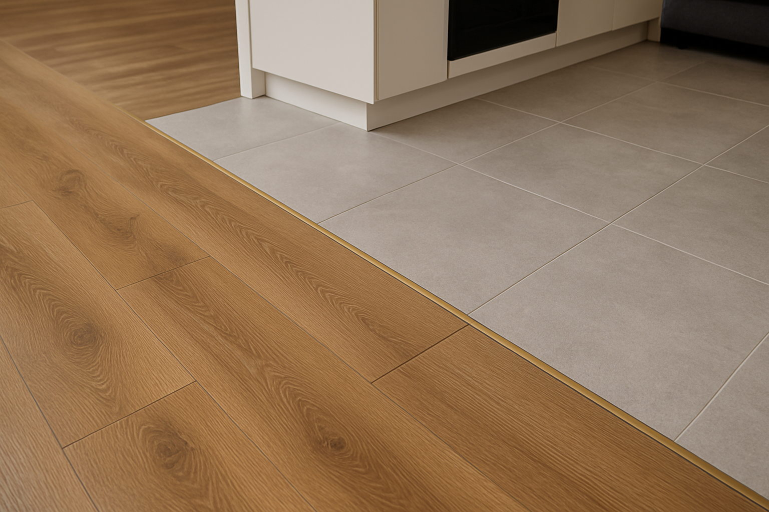 Стык кварцвинила и плитки на полу кухонной зоны и гостиной — современное решение пола