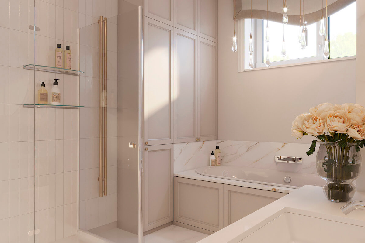 cream bathroom, storage in bathroom