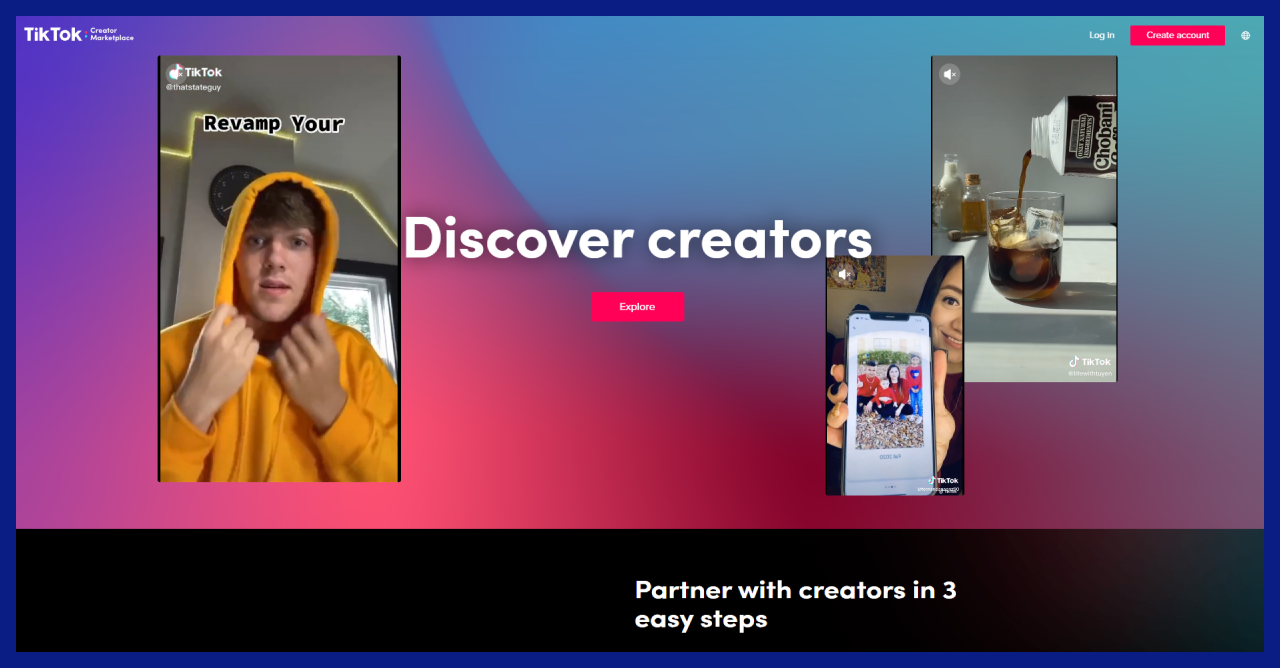 The picture shows the main page of TikTok Creator marketplace. It's a special platfrom that connects brands and bloggers.