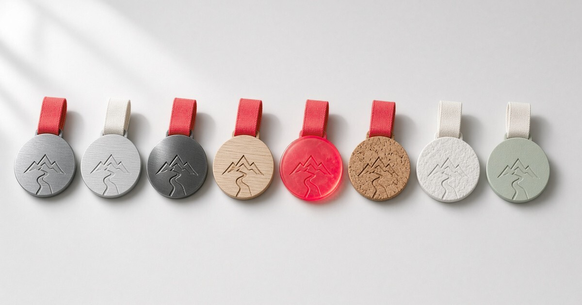 Eco medals made of recycled zinc, wood and acrylic with recycled ribbons, side by side