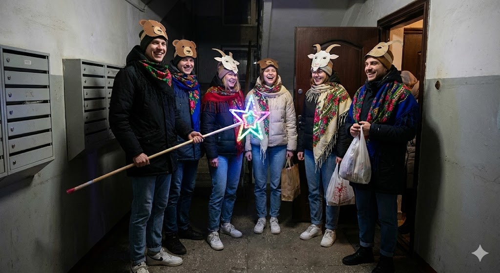 Описание иллюстрации: Группа молодых людей в современной одежде, но с элементами фолка (яркие платки, маски животных), стоит в подъезде многоэтажки. В руках у них LED-звезда на палке. Атмосфера веселья.
