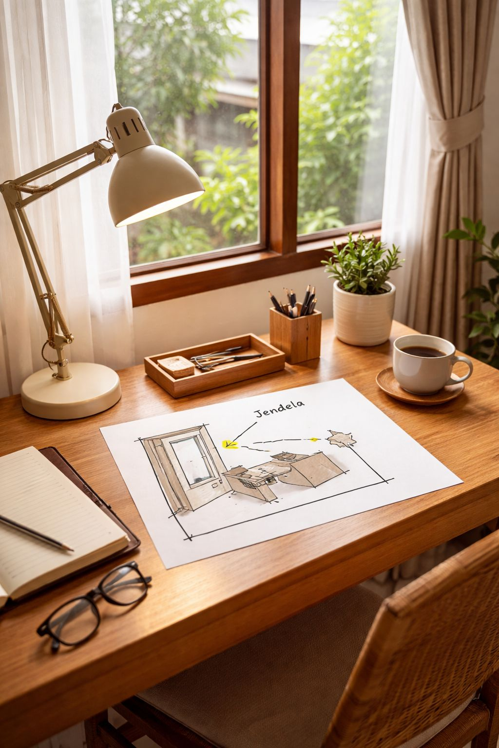 Ilustrasi sederhana penempatan meja kerja dekat jendela untuk pencahayaan alami dan home office yang lebih nyaman