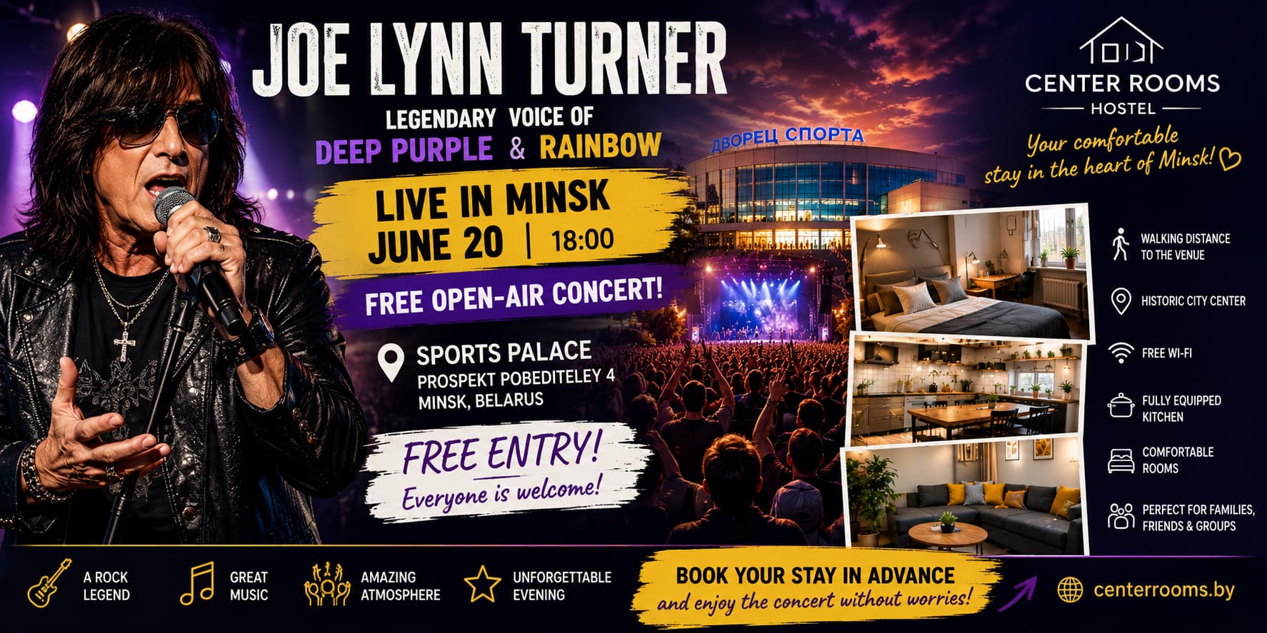 Center Rooms offers comfortable accommodation within walking distance of the Sports Palace for guests attending Joe Lynn Turners concert in Minsk.