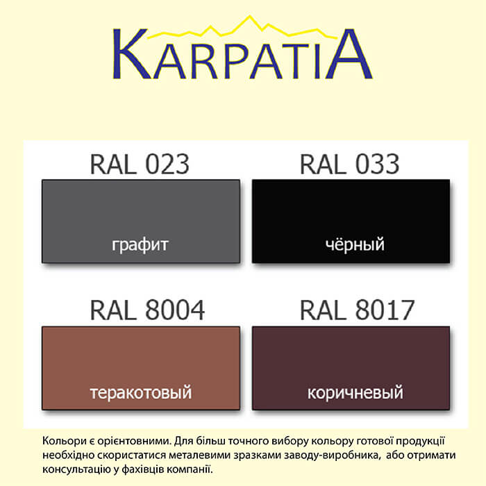 Палітра кольорів для металочерепиці Karpatia