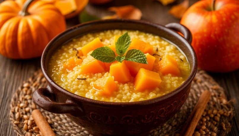 Постная пшённая каша с тыквой и яблоком в горшочке