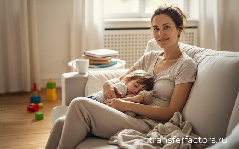 4Life Transfer Factor: маме важнее быть спокойной, а не идеальной — женщина обнимает спящего ребёнка на диване в уютной комнате