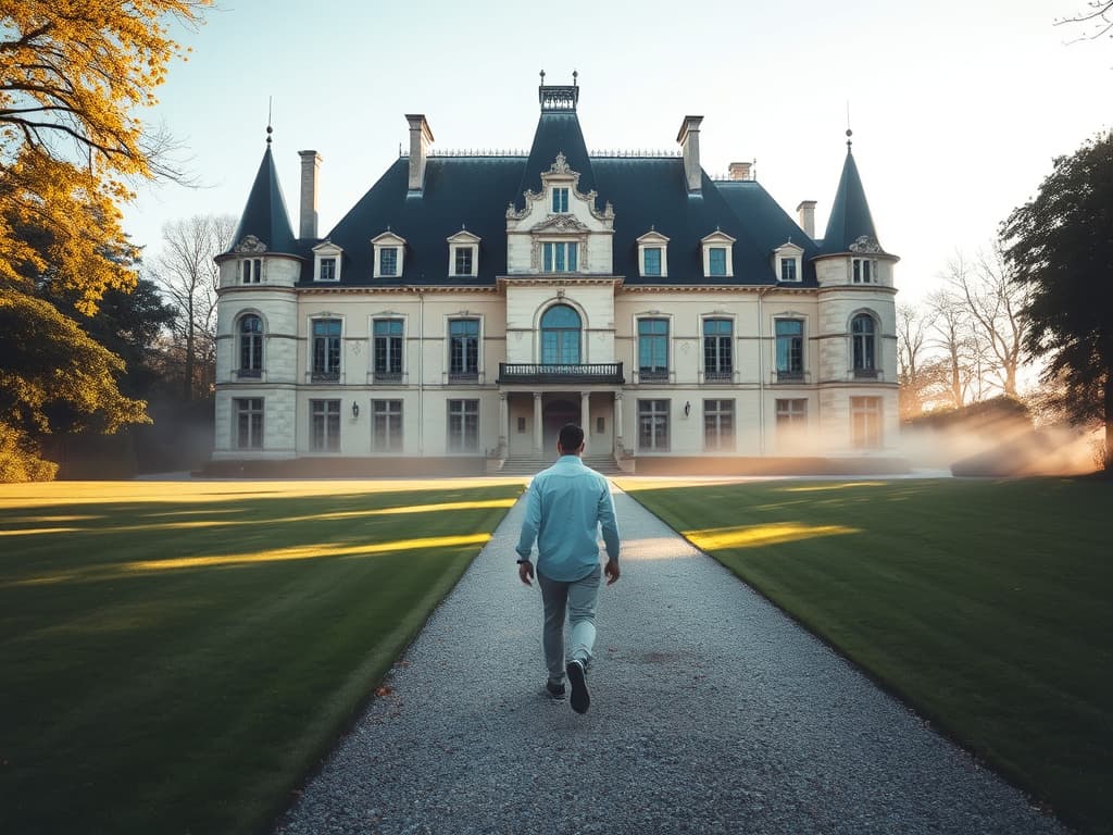 An elegant French château basks in the soft morning light, surrounded by the manicured greenery of a sprawling park. The focus is a majestic building with tall windows, pale stone façades, and a dark slate roof. A man in a light shirt — the caretaker — wa