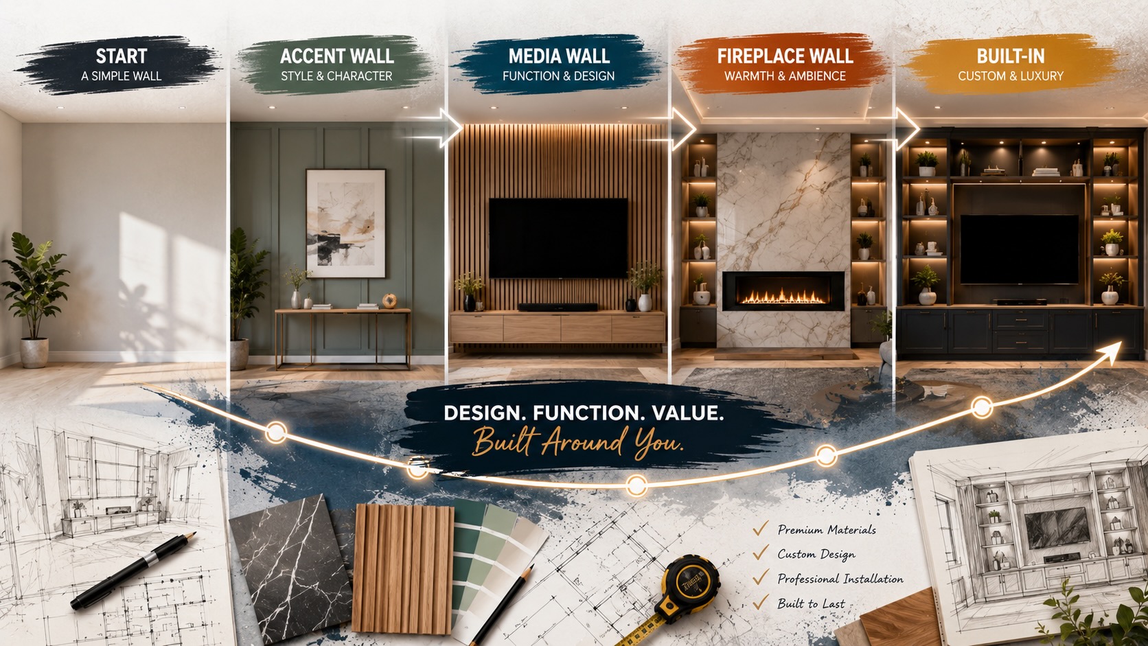 Editorial comparison showing the progression from a plain wall to an accent wall, media wall, fireplace wall, and built-in entertainment center, highlighting increasing design complexity, premium materials, and custom craftsmanship in modern Houston homes.