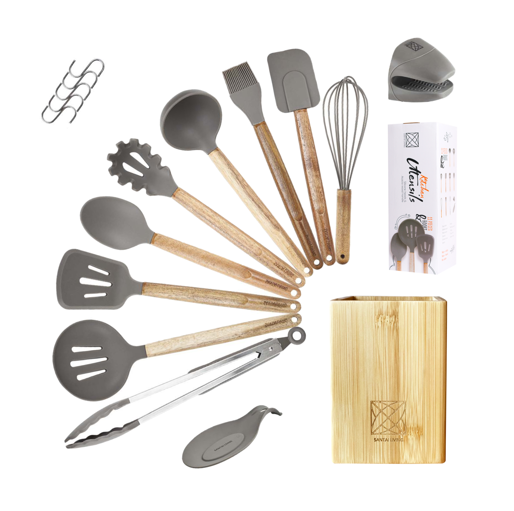 Набор кухонных принадлежностей из дерева и силикона | Santai Living