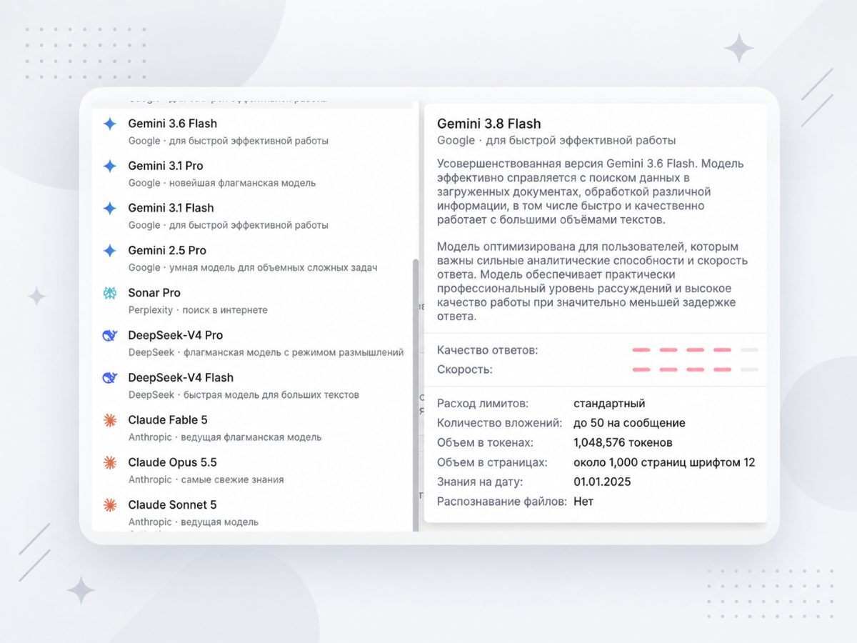 Выбор языковой модели в Doczilla: Gemini, DeepSeek, Claude и другие
