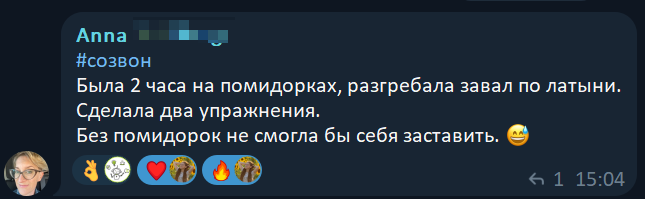 Анна: была 2 часа на помидорках, разгребала завал по латыни, сделала два упражнения. Без помидорок не смогла бы себя заставить.