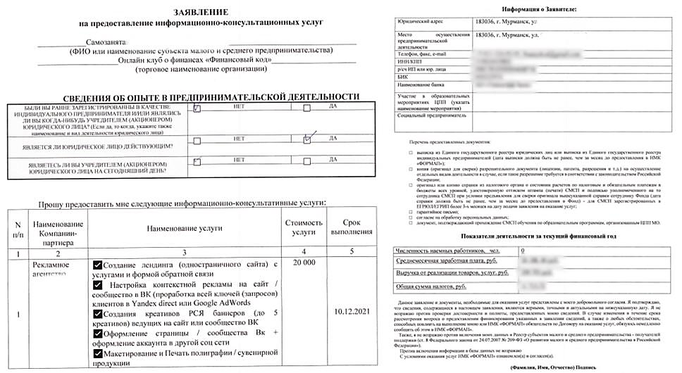 Пример заявления на предоставление информационно-консультационных услуг