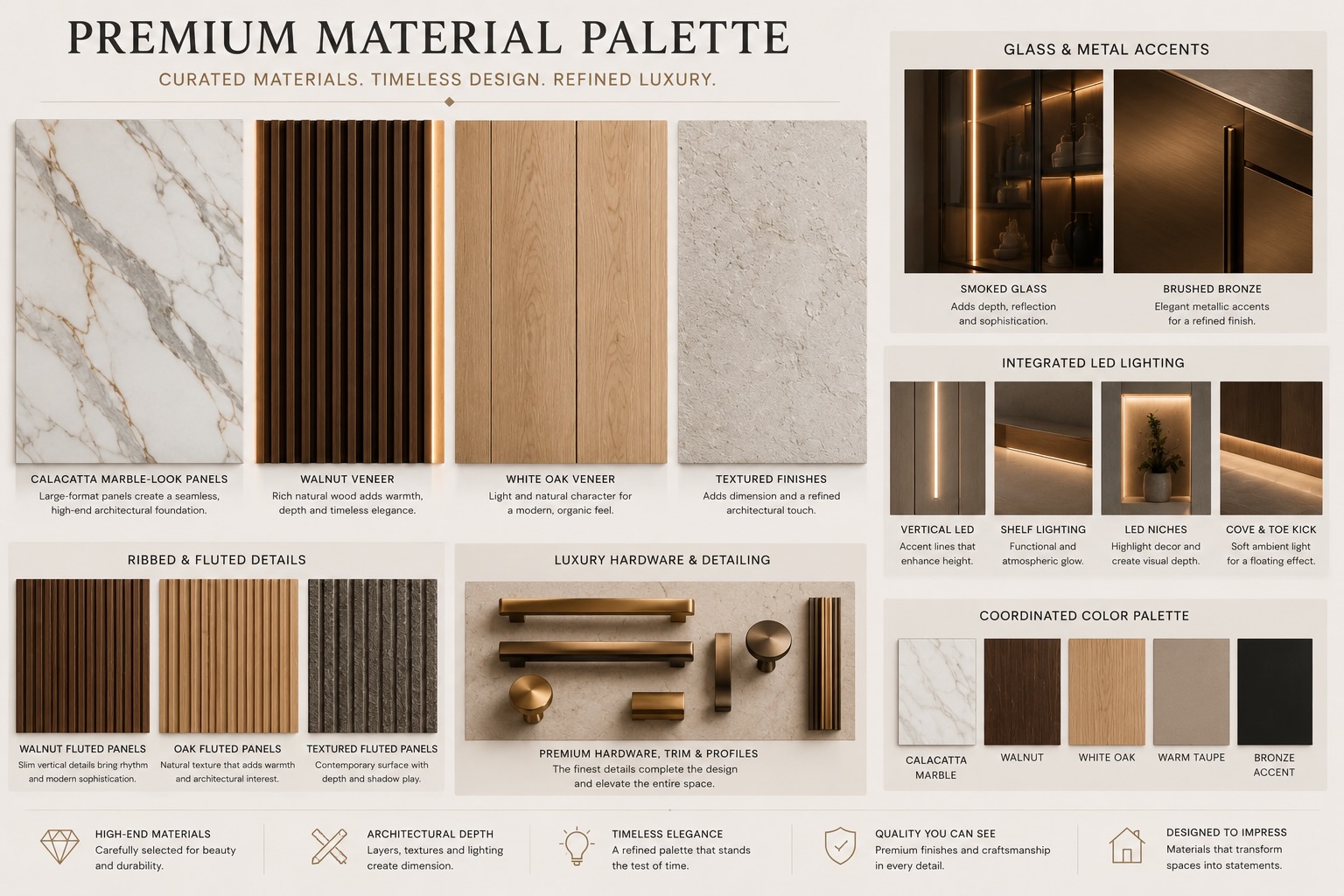 Designer materials board featuring Calacatta marble-look panels, walnut and white oak veneers, decorative textured finishes, smoked glass, bronze accents, integrated LED lighting, and luxury hardware.
