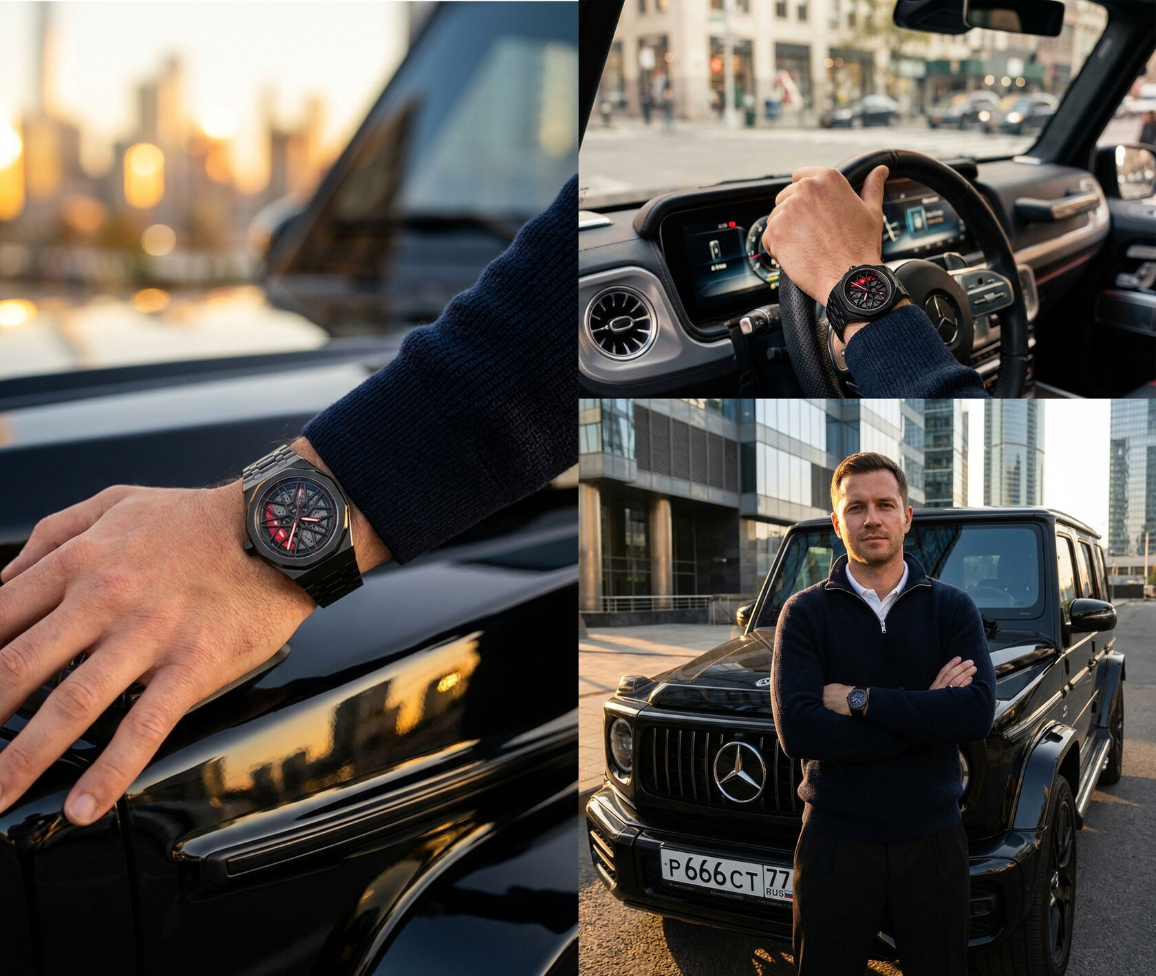 Фотосессия наручных часов jeTime на руке, премиальный стиль, автомобильная эстетика