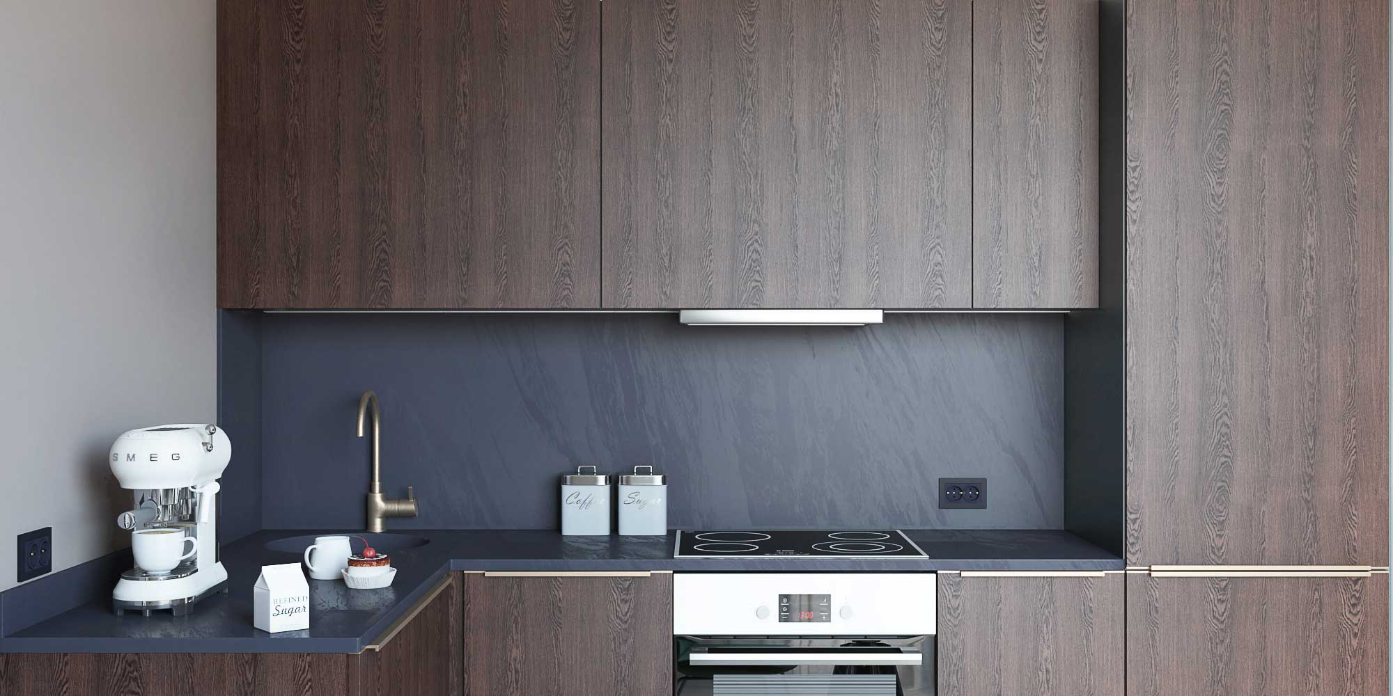 Деревянная кухня с единой столешницей и фартуком из искусственного камня. Литая раковина.