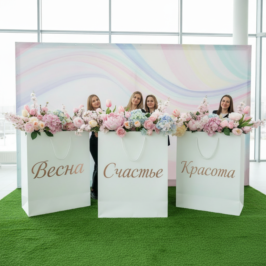 фотозона на 8 марта с гигантскими подарочными пакетами