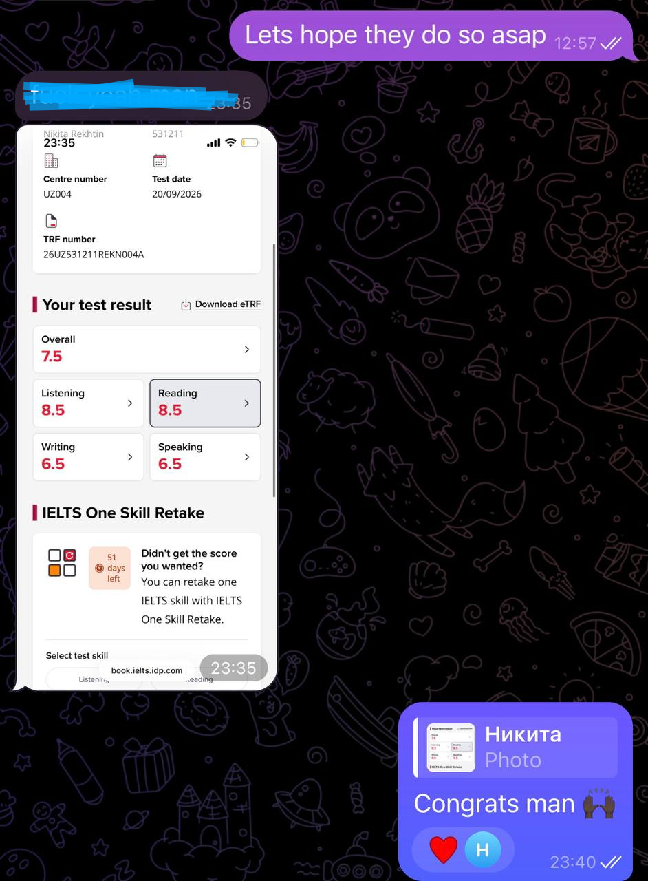 Скриншот из чата: результат IELTS 7.5 — Listening 8.5, Reading 8.5, Writing 6.5, Speaking 6.5