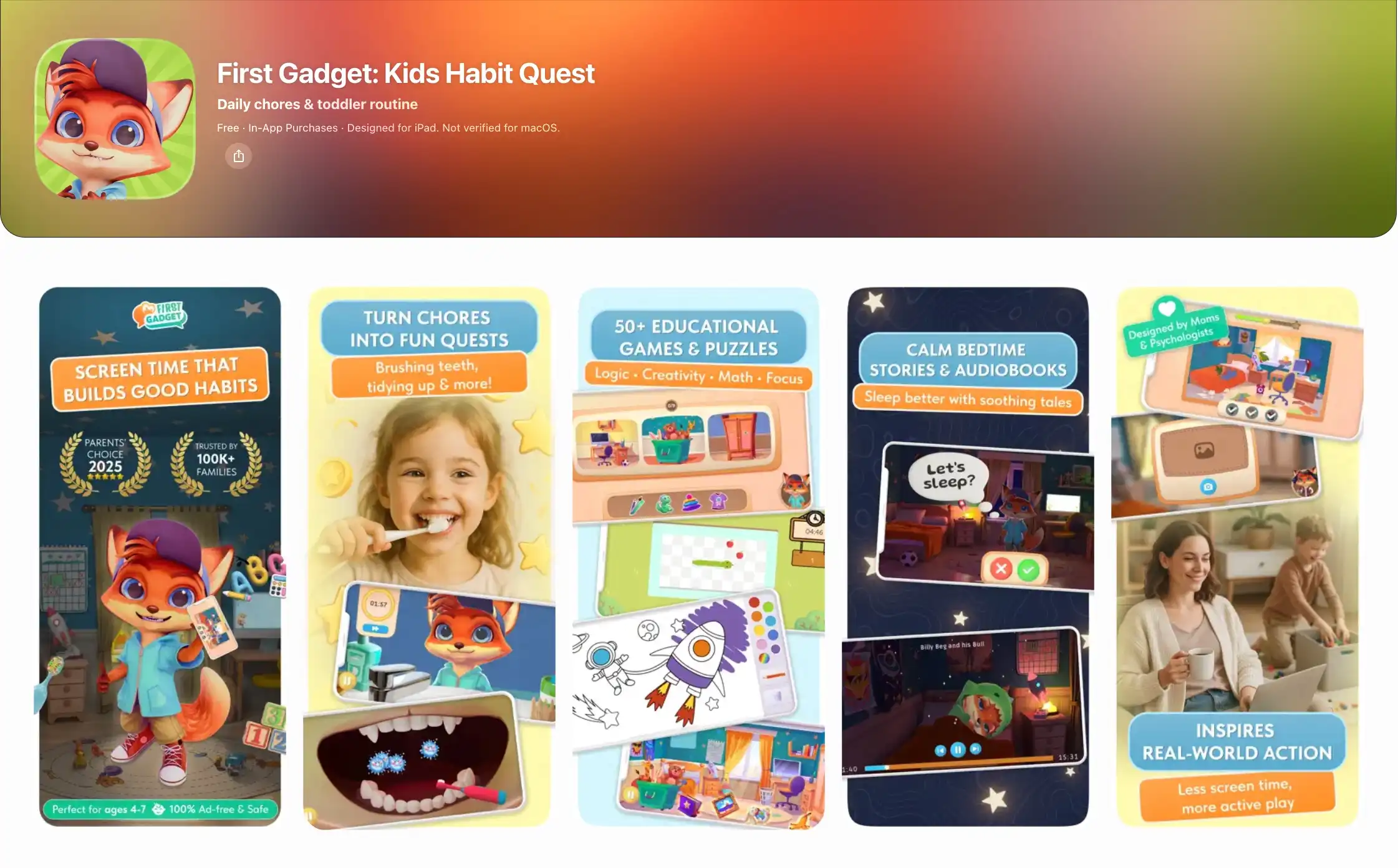 First Gadget educational app interface showing a real-world morning routine quest for kids