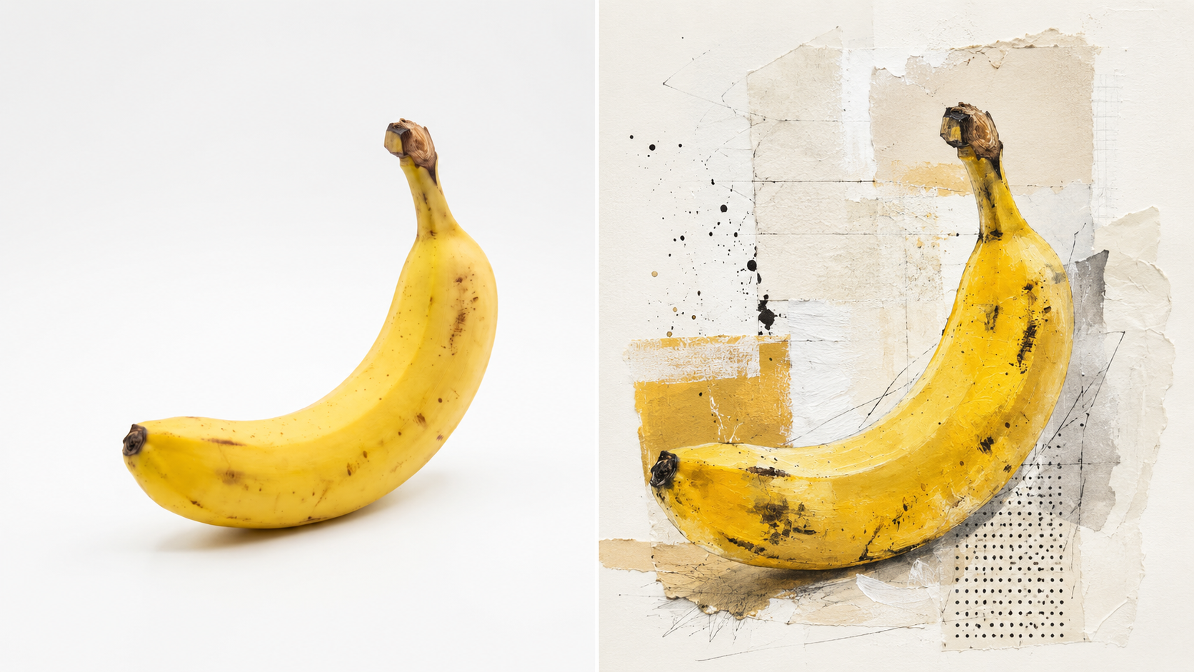 Side-by-side horizontal comparison of a real banana reference photo and a contemporary mixed media artwork of the same banana with layered textures, collage elements, paint marks, and abstract details on a light background.