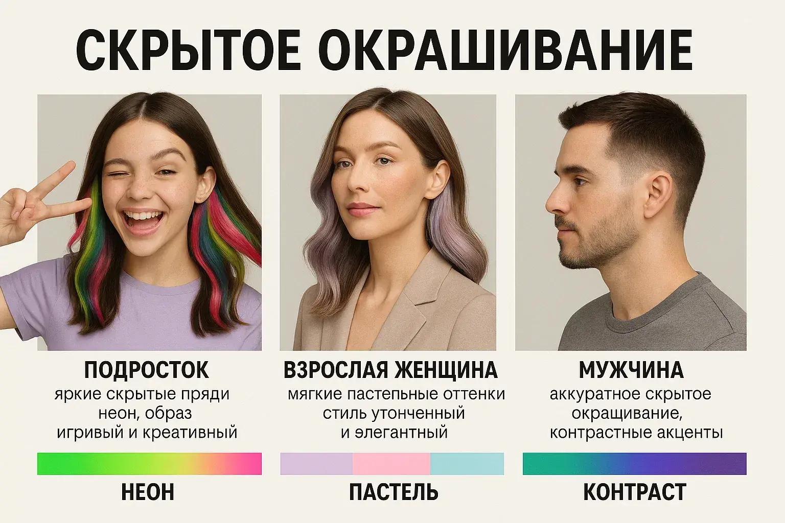 Скрытое окрашивание волос: подросток с неоновыми прядями, взрослая женщина с пастелью и мужчина с контрастными акцентами.