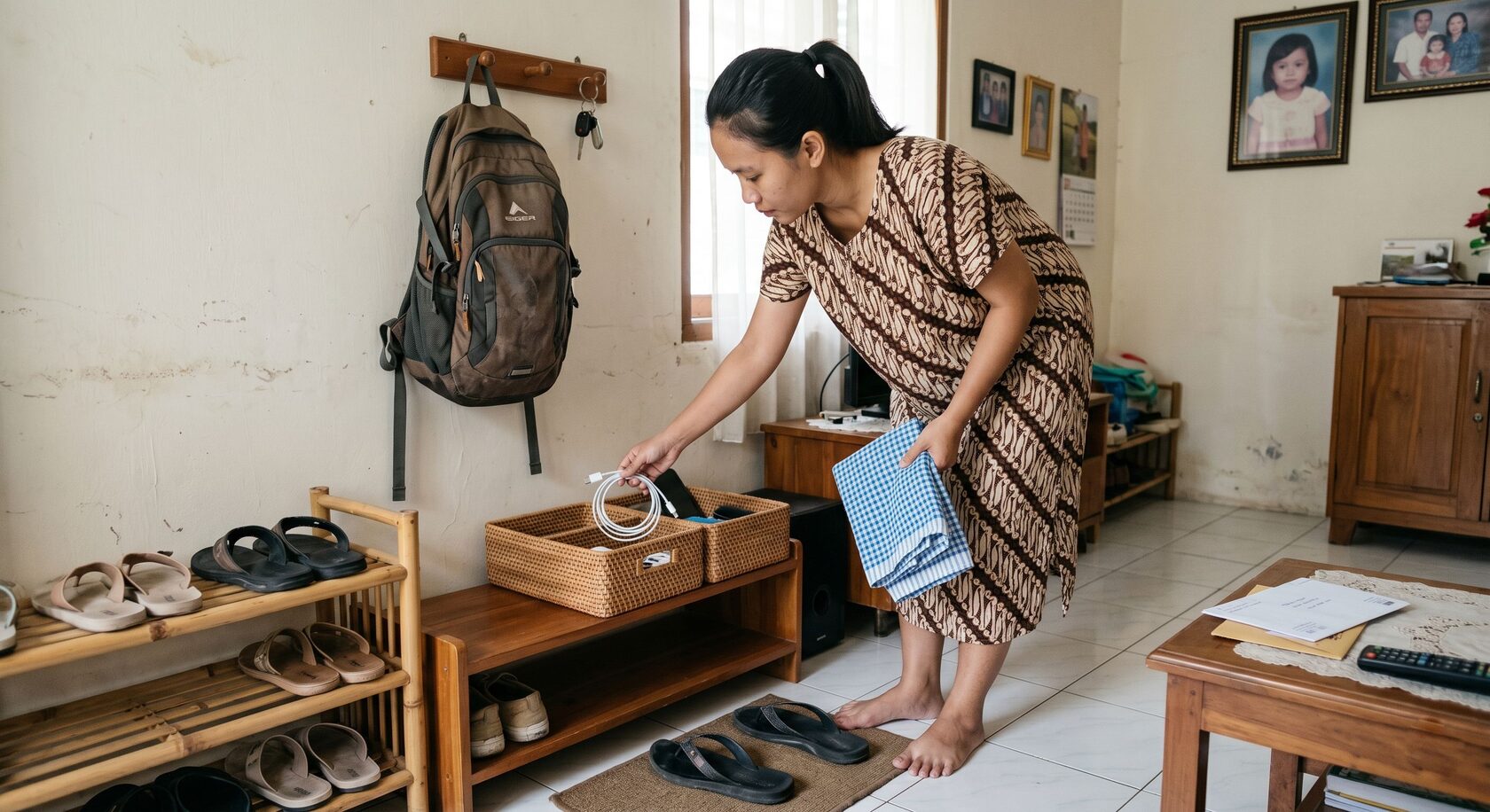 Mengembalikan barang kecil ke tempatnya di rumah Indonesia