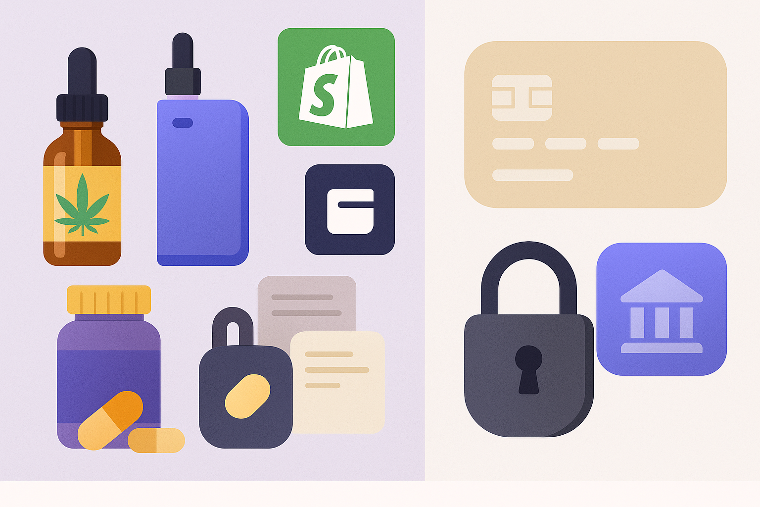 Flat design illustration showing CBD oil, a vape device, supplements, and secure payment icons. Shopify and banking symbols appear alongside a lock and card, representing safe, compliant payments for regulated eCommerce products.