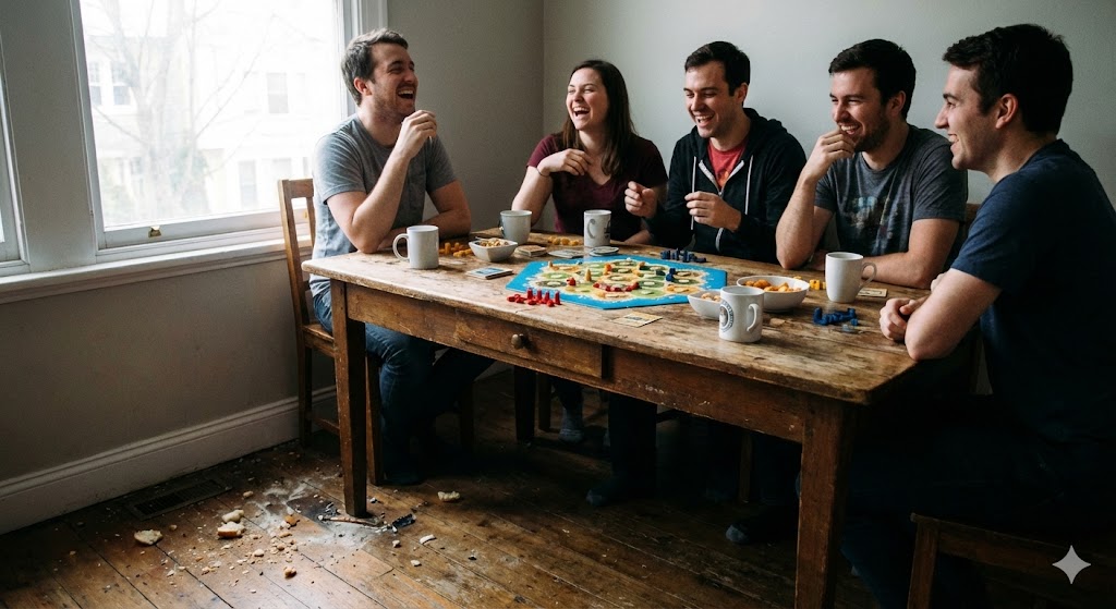 Компания друзей искренне смеется, играя в настольную игру за деревянным столом