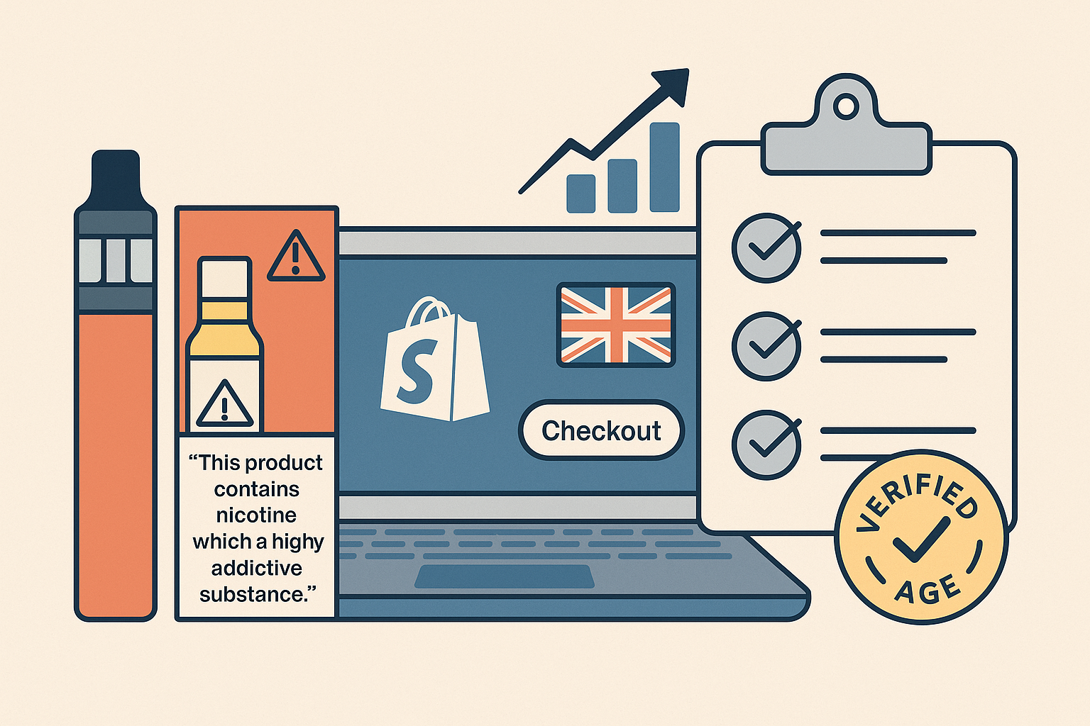 Illustration of a UK vape store owner setting up a legal Shopify store, with icons representing MHRA compliance, TRPR packaging, age verification, and payment gateway integration.