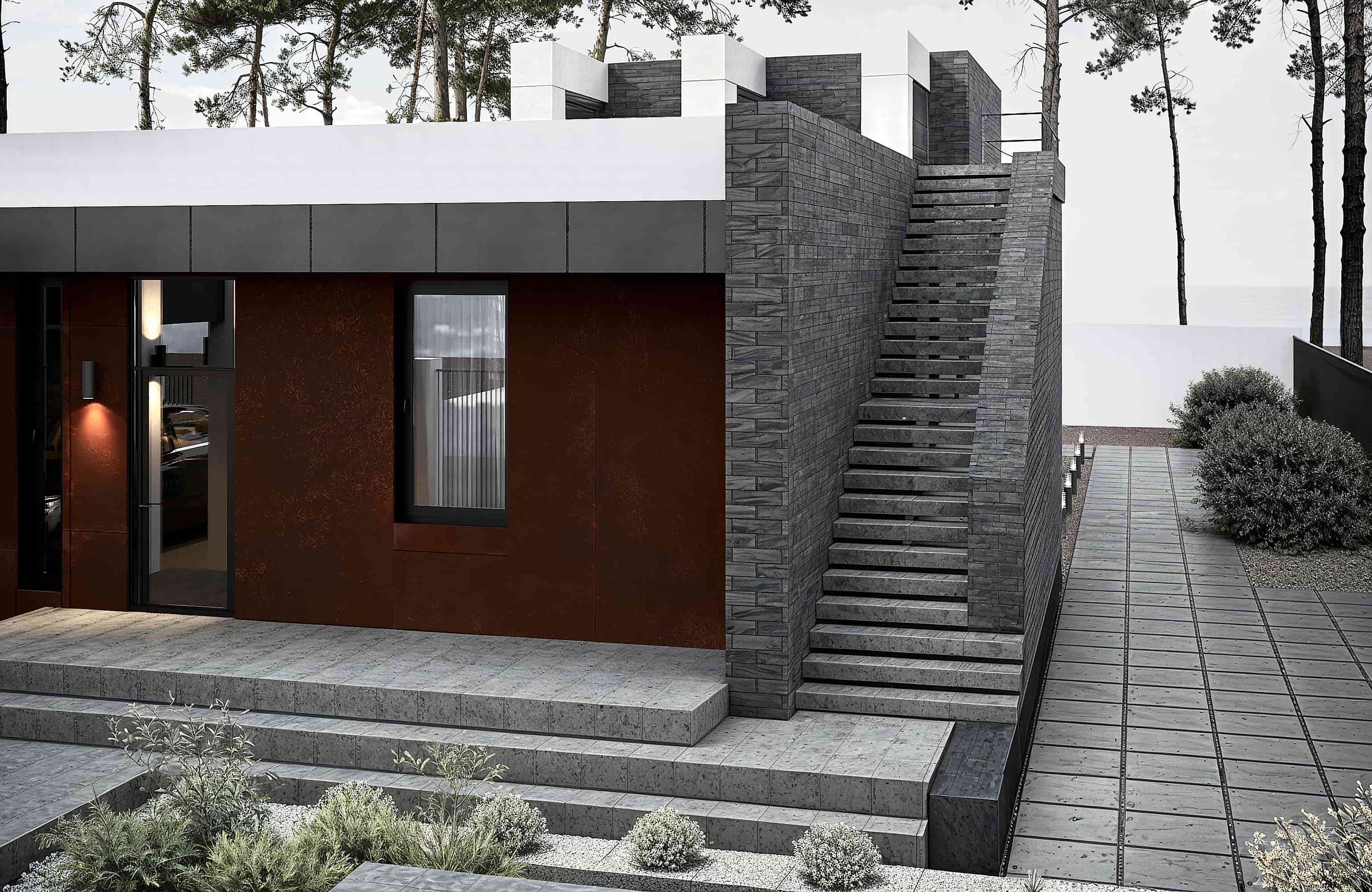 Ресепшн из керамогранита, бетонная стойка с статуэткой из нержавеющей стали