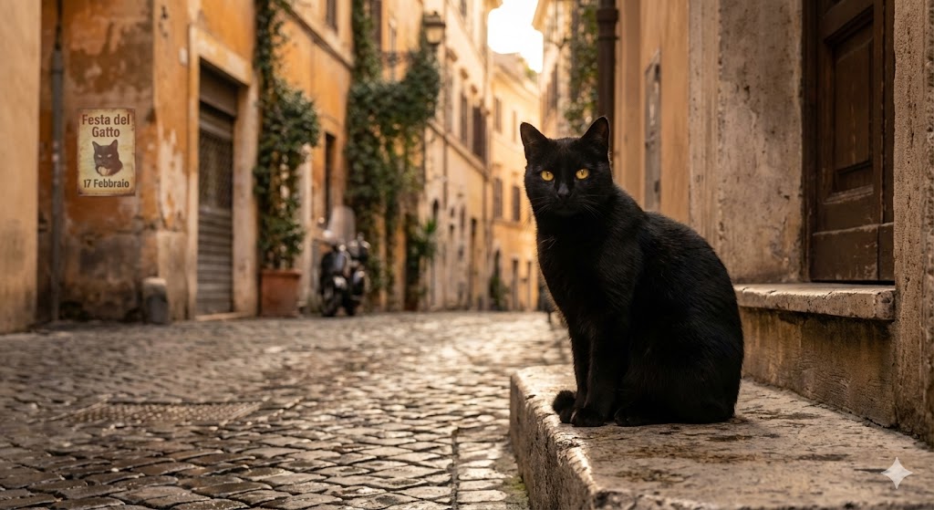 Черный кот сидит на римской улице в честь Европейского дня кота