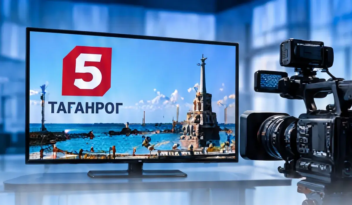 Телевизор с логотипом «5 Таганрог» и профессиональная видеокамера в студии