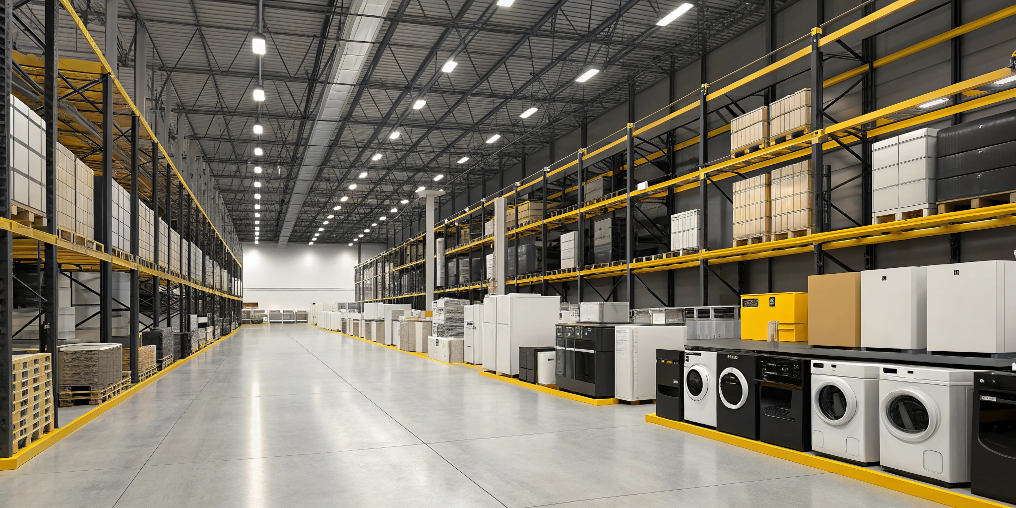 Склад компании КАРЕКС с полками бытовой техники и терминалами печати этикеток