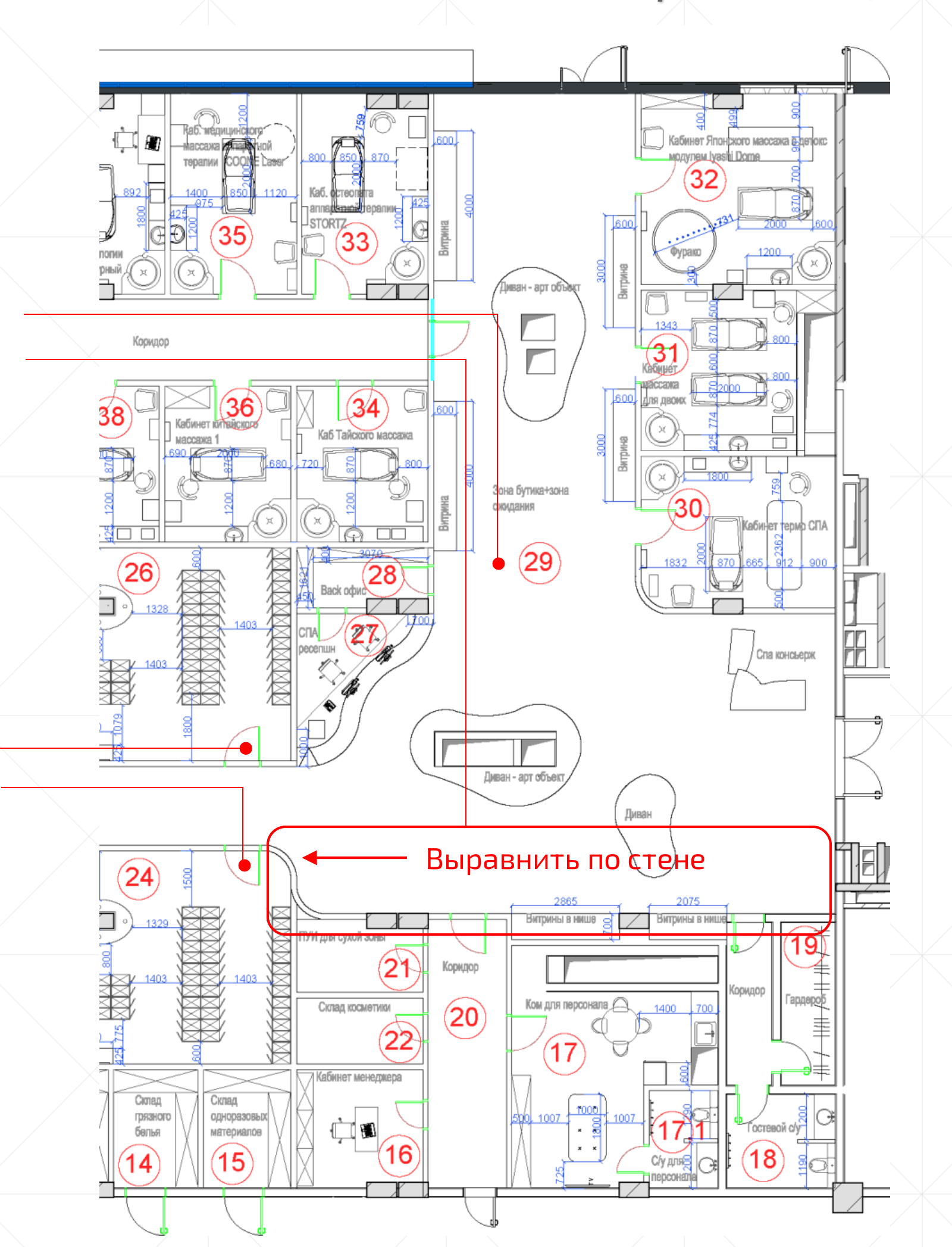 Общий план этажа SPA Suites клиники в Прокшино с отметками ошибок планировки