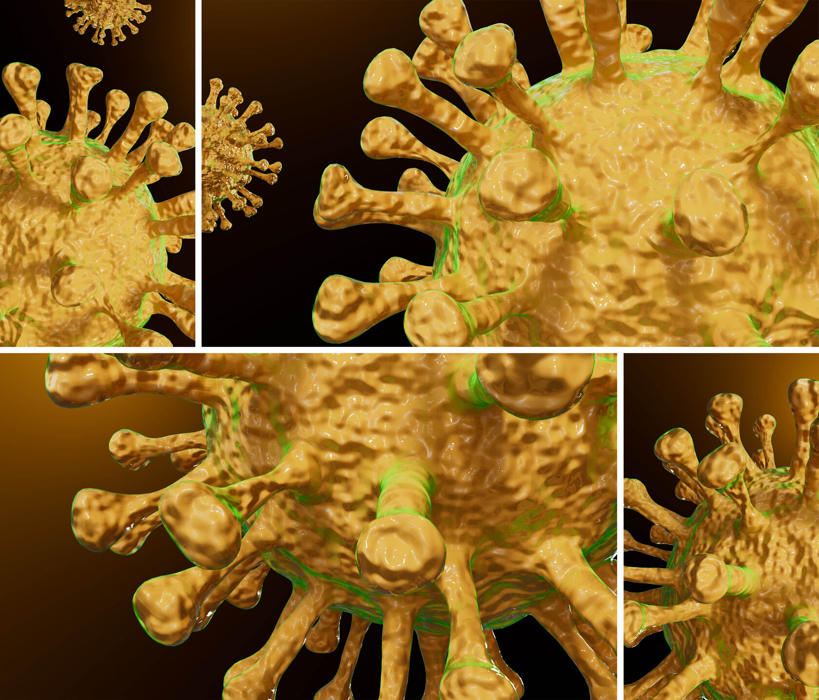3D-модель вируса в Cinema 4D — несколько вирусных частиц на янтарном фоне, рендер Redshift