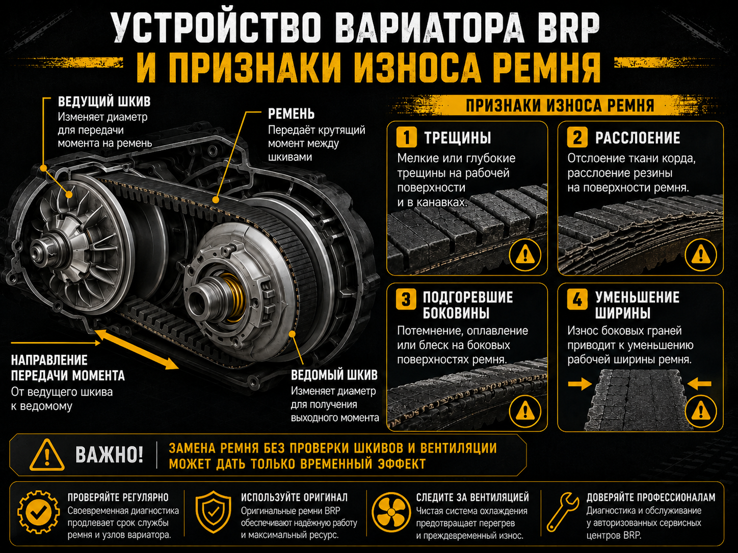 Устройство вариатора BRP и признаки износа ремня