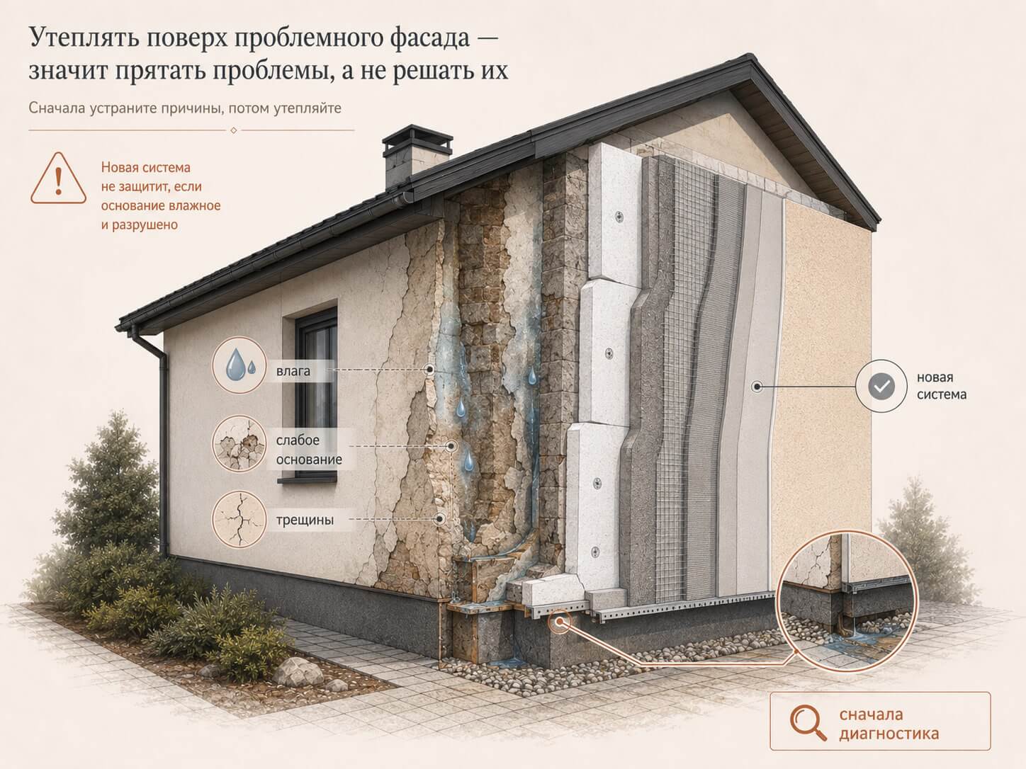 Инфографика о риске утепления проблемного фасада без устранения влаги, слабого основания, трещин и дефектов цоколя.