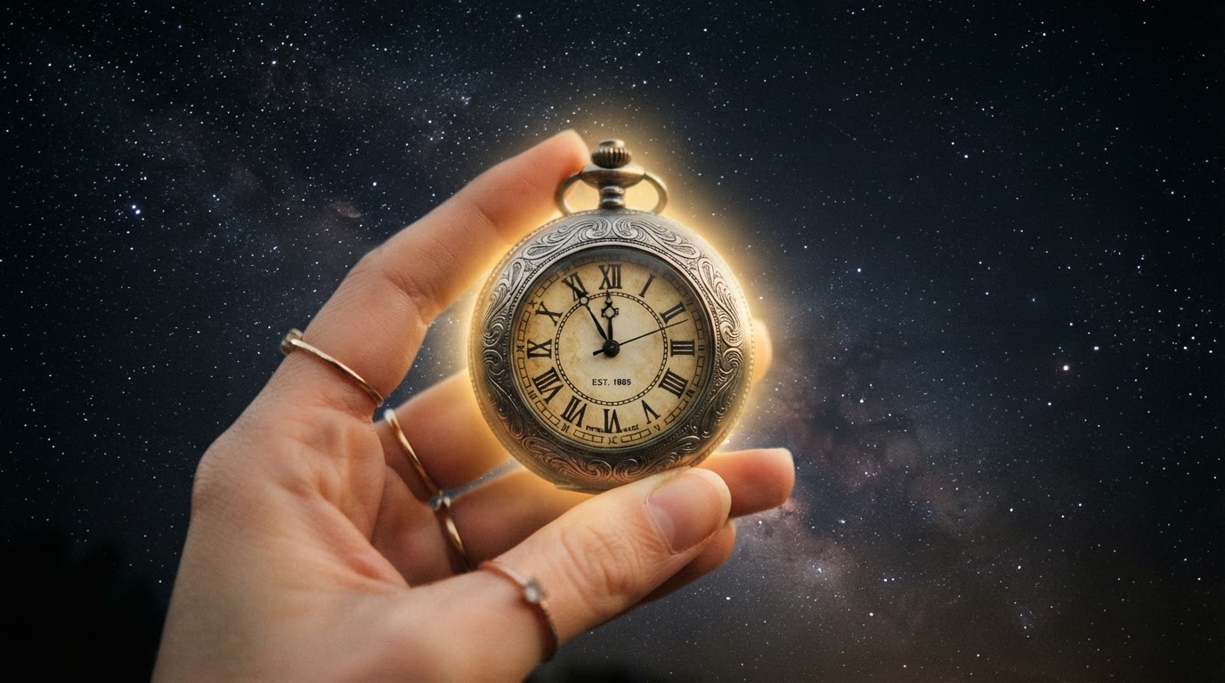 Рука держит старинные карманные часы с циферблатом 11:11 и золотистым свечением символ знака Вселенной и ангельской нумерологии