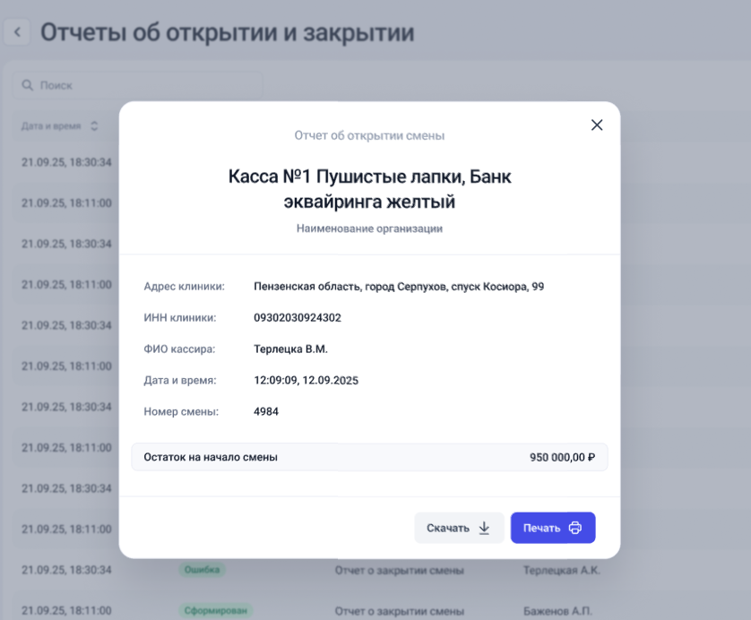 Пример отчета об открытии смены