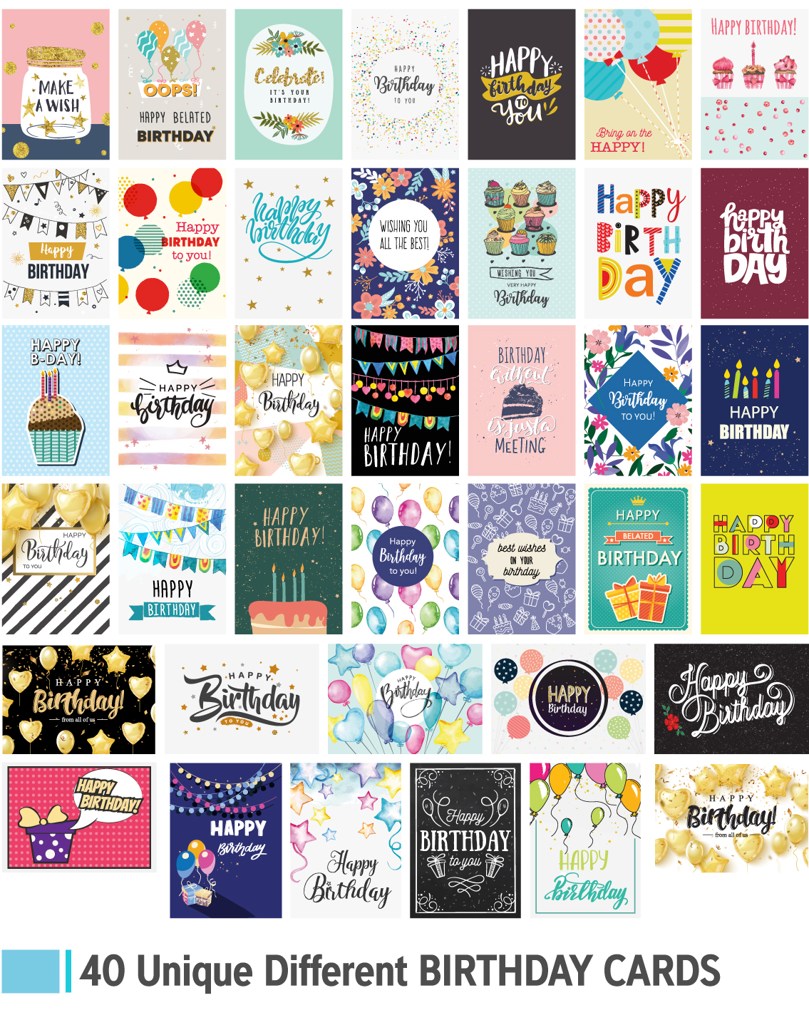 Happy Birthday Cards Assortment - Set of 40 Birthday Cards with ...