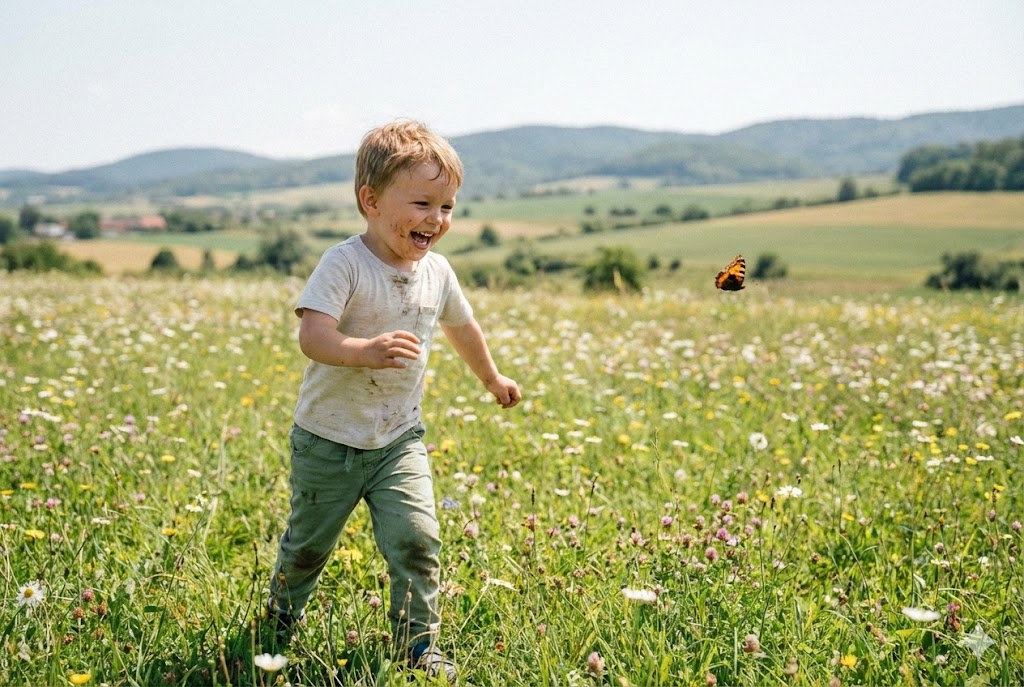 Ребёнок бежит по цветущему полю за бабочкой — детская нейрофотосессия
