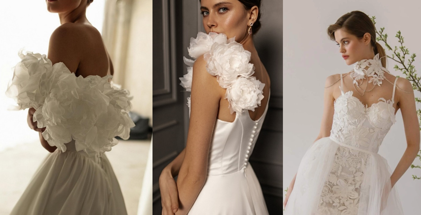Примеры свадебных платьев с цветочными 3d-элементами