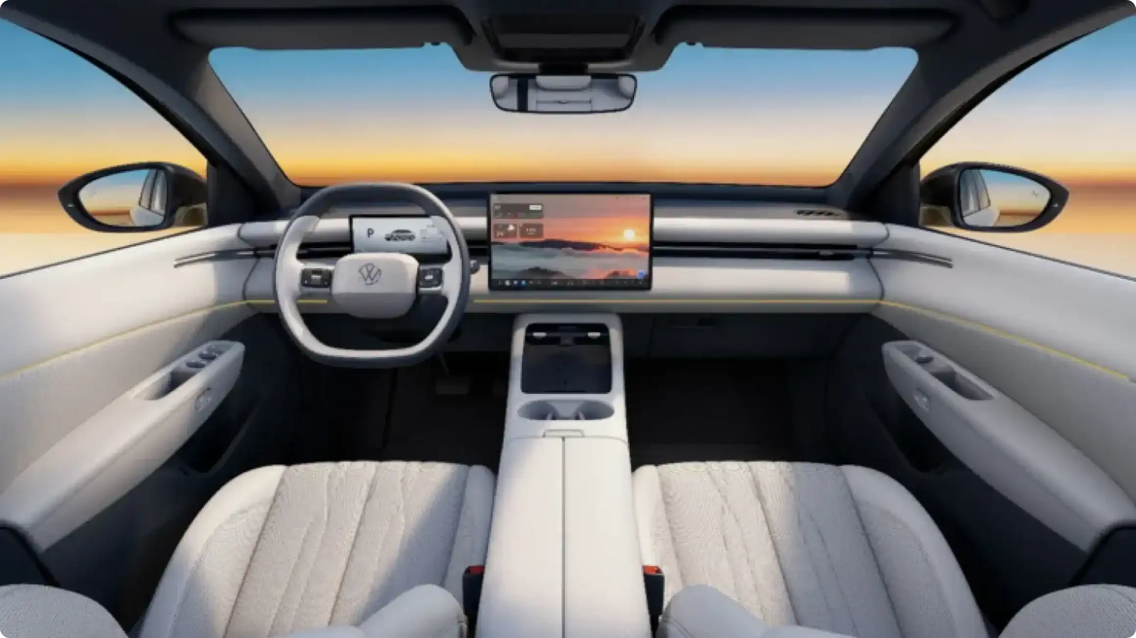 Салон Volkswagen ID. ERA 55: бело-серая отделка, широкоформатный дисплей, двухспицевый руль с логотипом VW и панорамный обзор.