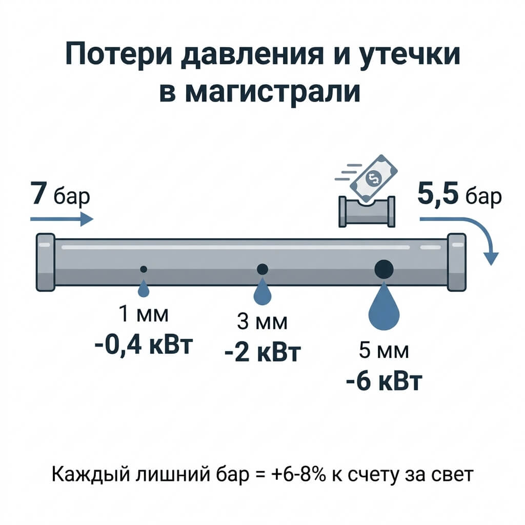 Потери давления и утечки сжатого воздуха в длинных магистралях: влияние на энергопотребление компрессора