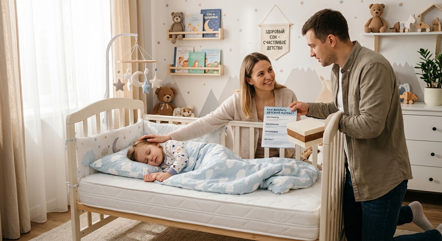 Родители выбирают детский матрас в уютной детской комнате