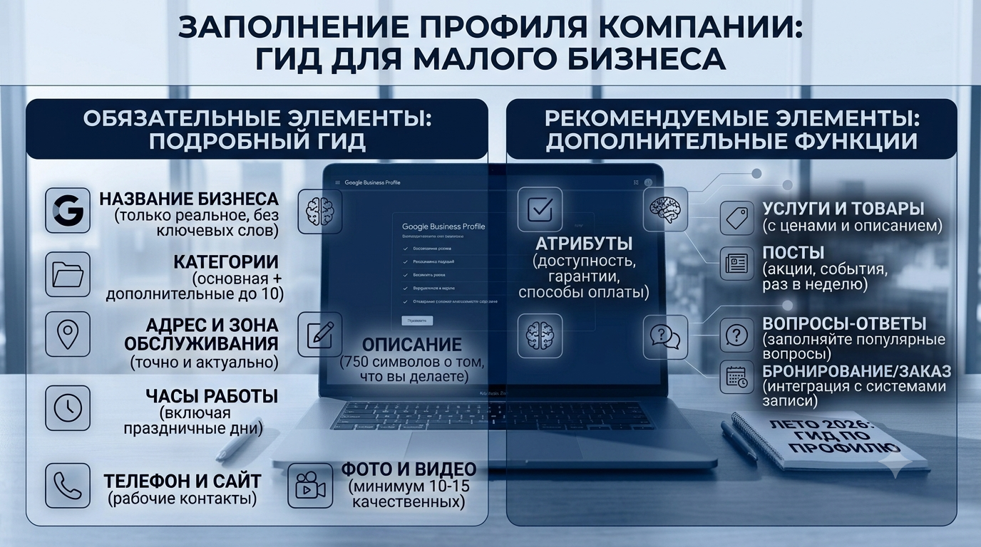 Визуальный гид по заполнению профиля компании в Google Business Profile для малого бизнеса Беларуси на 2026 год. Инфографика содержит два основных блока: «Обязательные элементы» (название, категории, адрес, часы работы, контакты, описание, фото/видео) и «Рекомендуемые элементы» (атрибуты, товары, посты, вопросы-ответы, бронирование). В центре — блок про GEO-оптимизацию и генеративный ИИ.