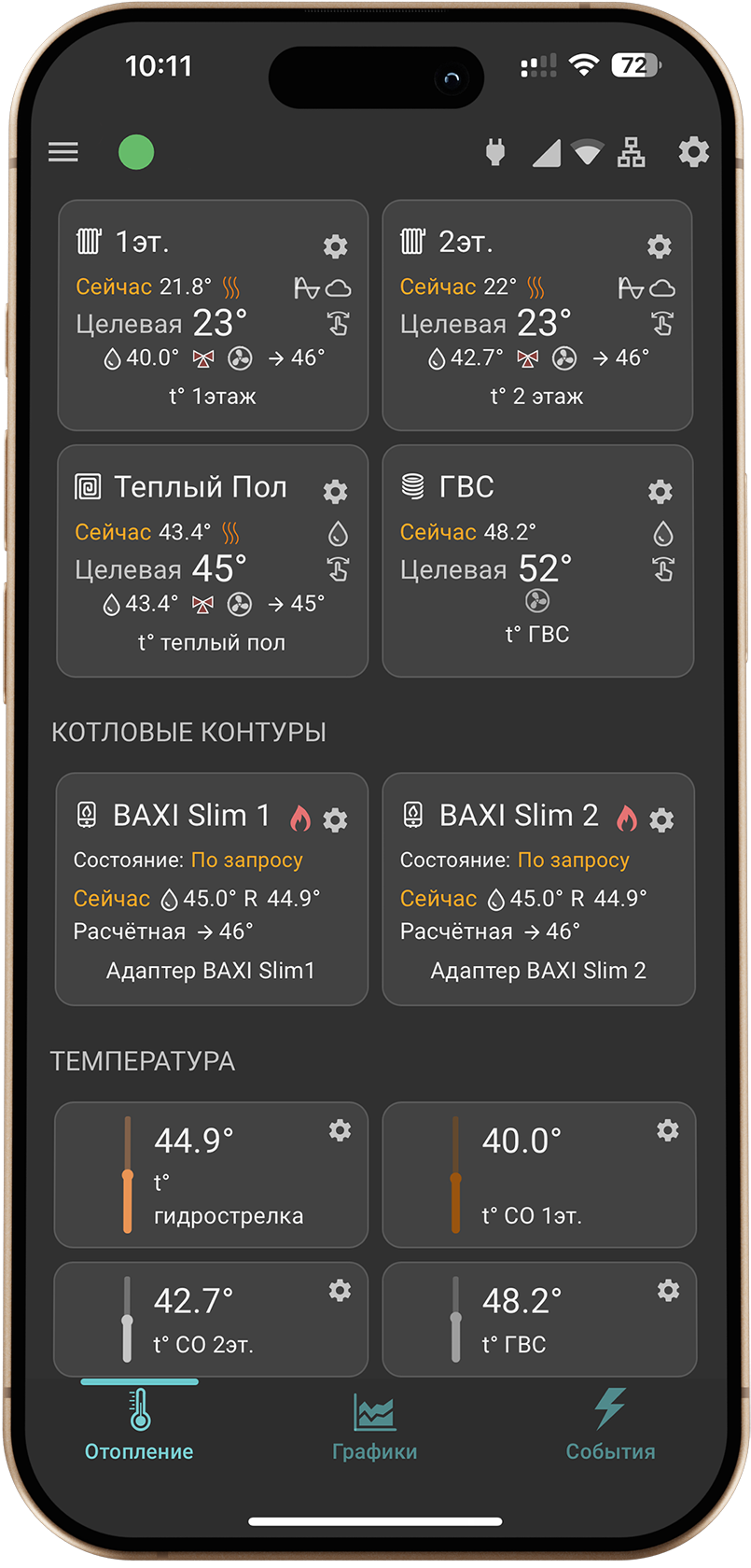Интерфейс приложения системы управления котлом Zont на Iphone