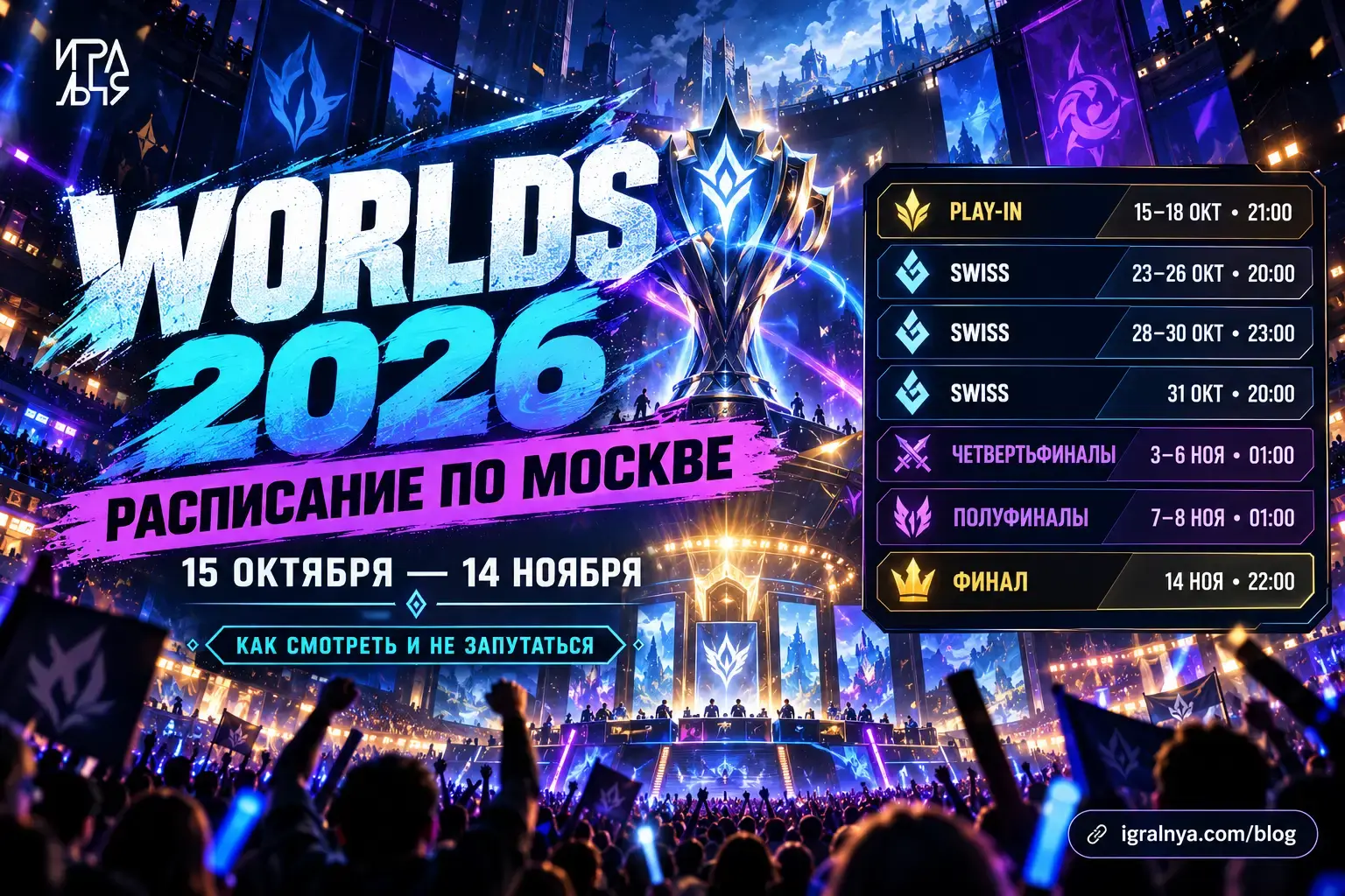 Worlds 2026 по League of Legends — расписание чемпионата мира с 15 октября по 14 ноября и финал в Бруклине.