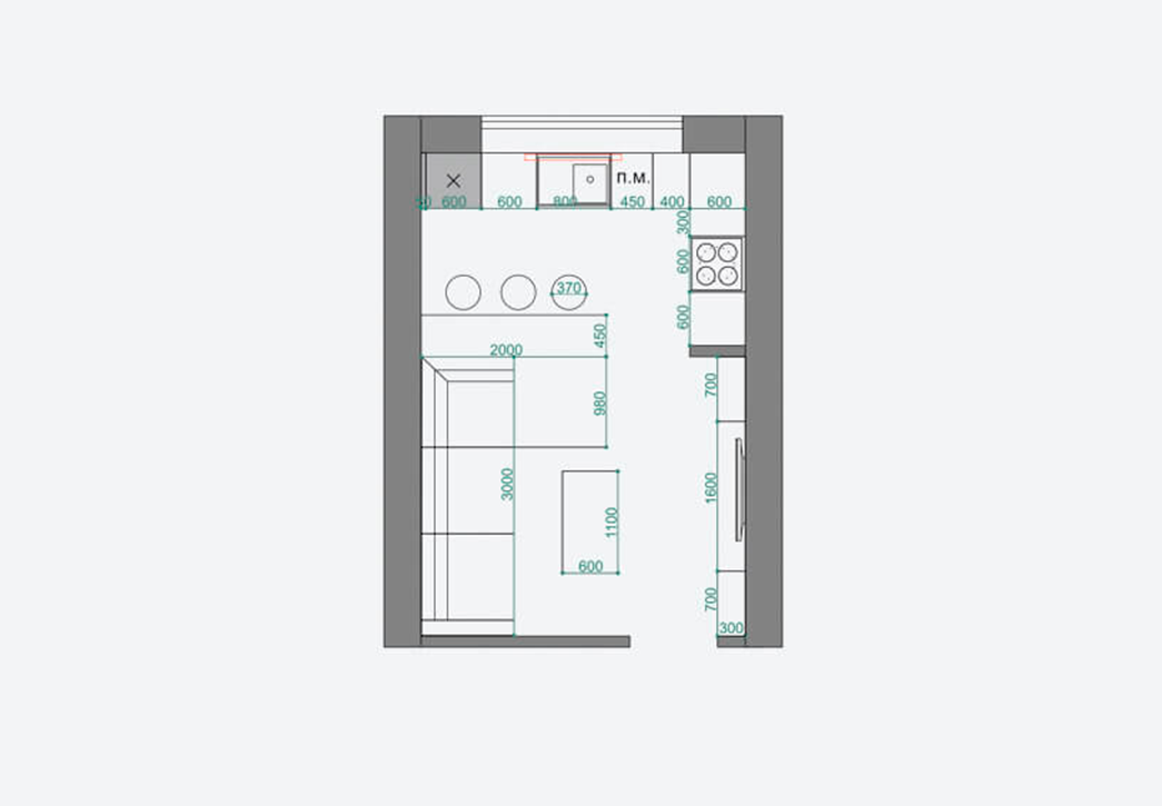 Планировка кухни-гостиной с площадью 18 м²
