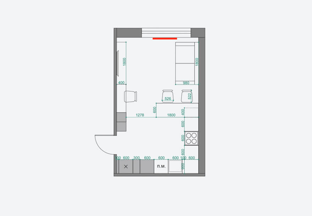 Планировка кухни-гостиной с площадью 20 м²